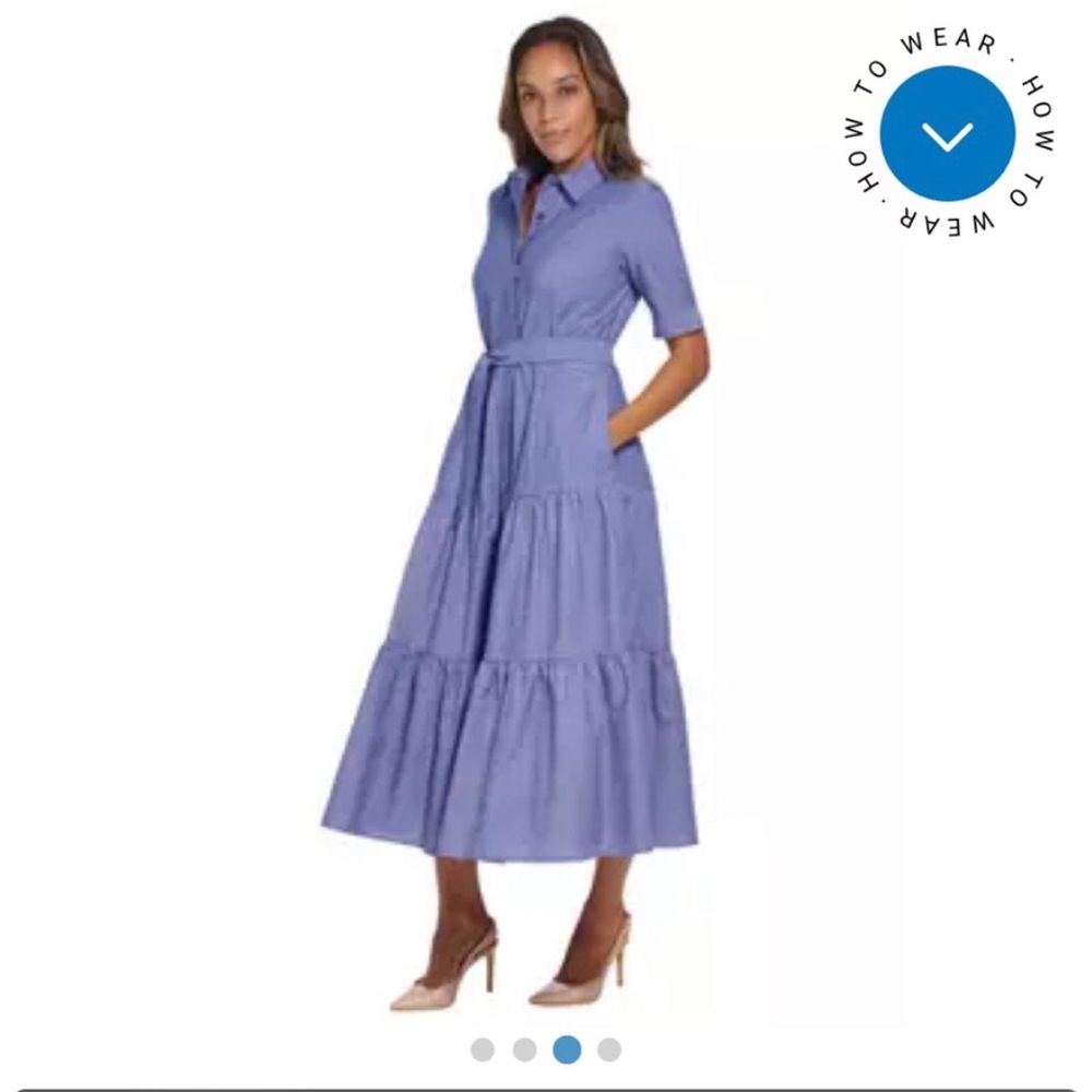 NWT Calvin Klein Denim Cotton Tiered Ruffle Hem Shirtdress Size 4P - Picture 3 of 11